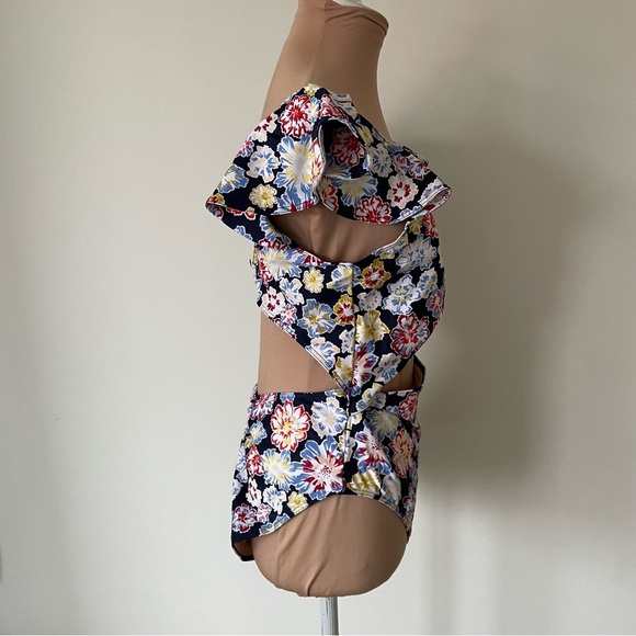 Tanya Taylor Coraline Cut Out Blue Floral Ruffles One Piece Swimsuit NWT Size XL - Picture 4 of 12